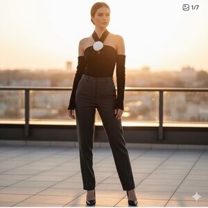 NWT LOVERS + FRIENDS black knit ribbed long sleeve top xxs rosette details